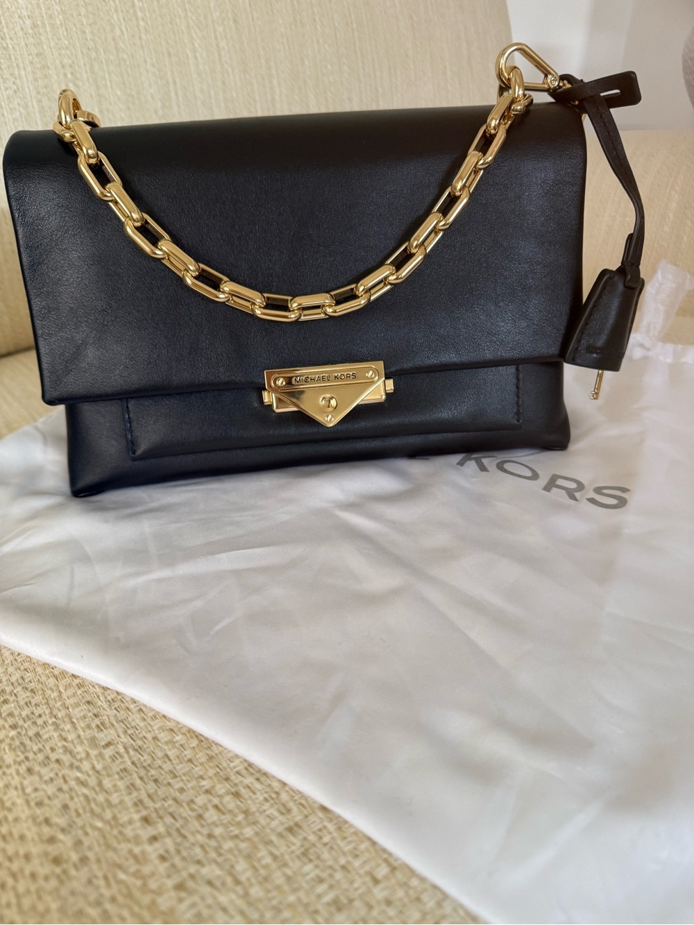Michael Kors Black Leather Shoulder Bag with Gold Chain